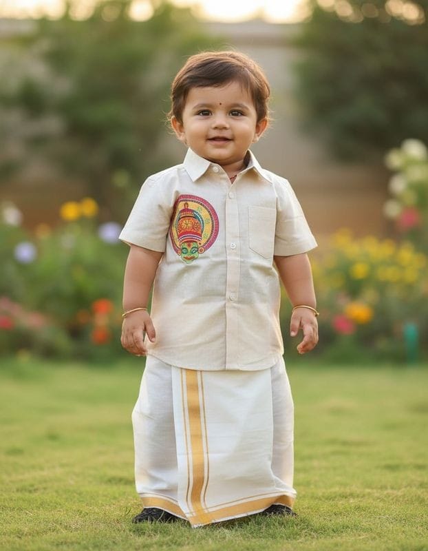 Kids Shirt and Mundu Cream with print